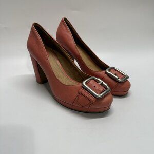 Fossil Women's Leather Heels Size 9 Coral Buckle Toe Block Heel Retro Style